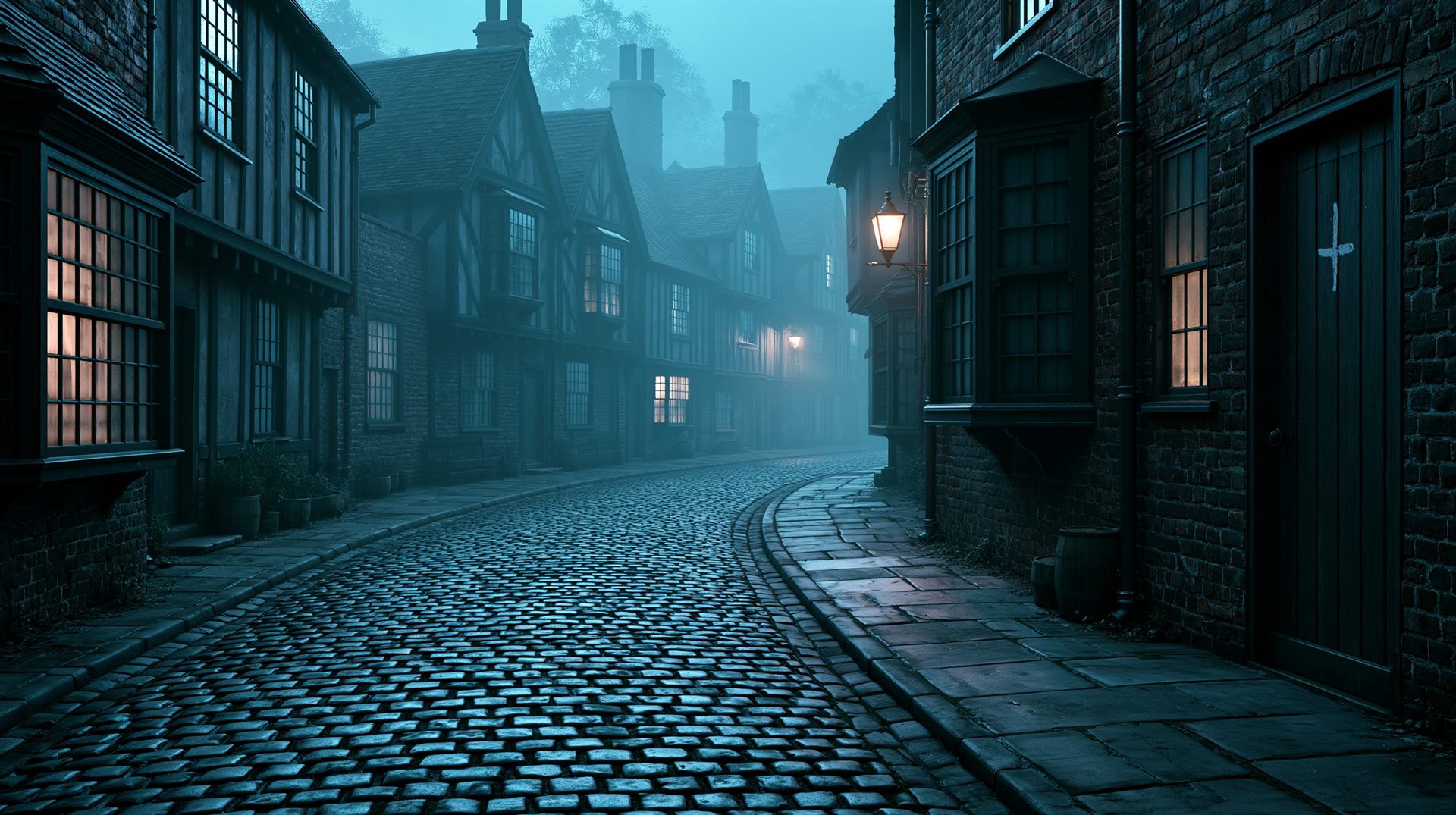 A fog-bound cobbled lane in Harrowmere at dusk, lit by a single lantern