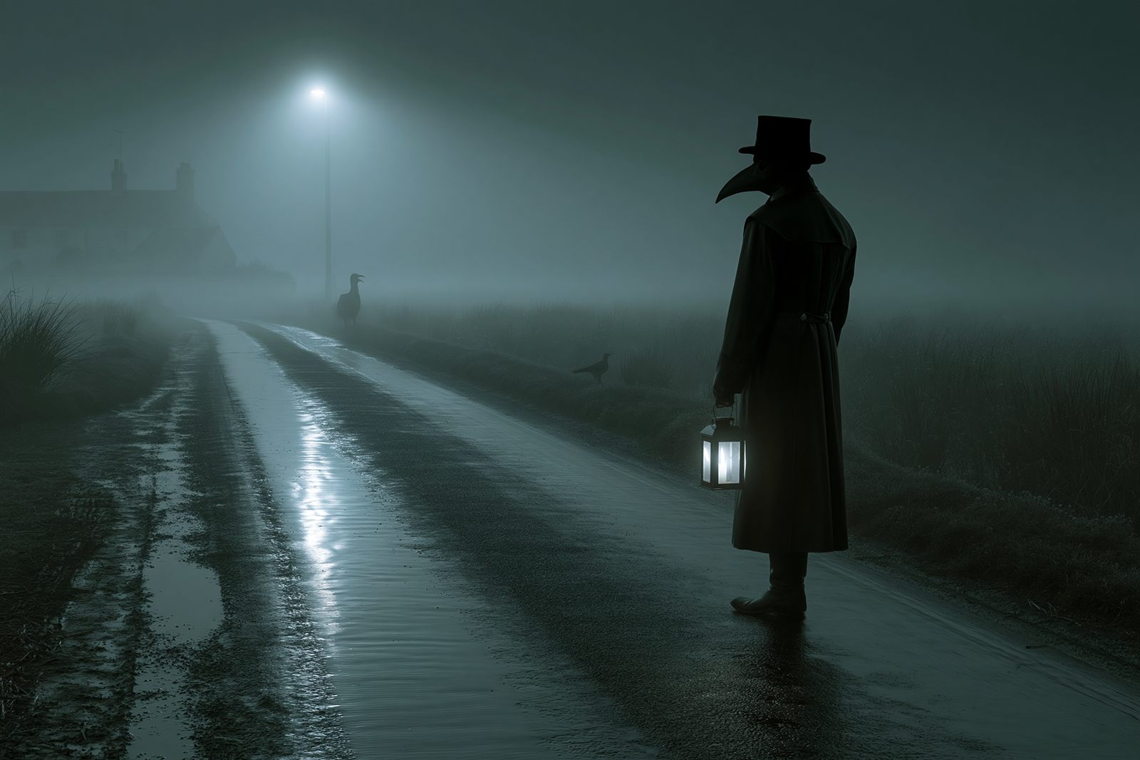 A lone beaked-mask silhouette with a lantern on a wet, fog-bound road